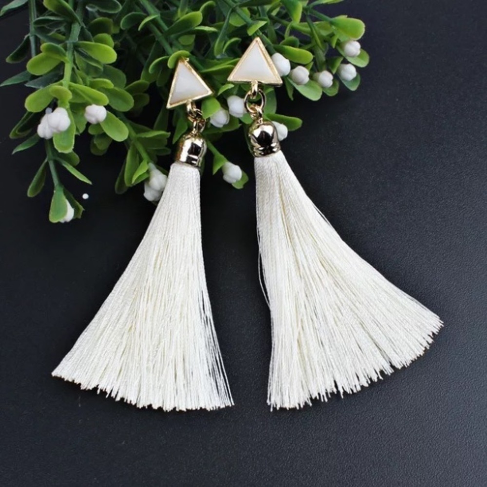 White Boho Long Triangle Tassel Drop Earrings